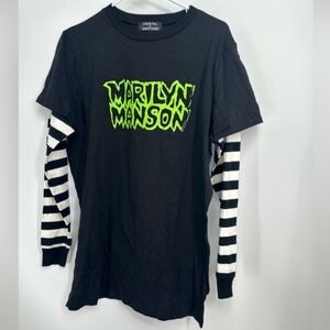 Dolls Kill Black Graphic Tee with Striped Sleeves